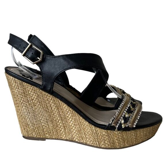 Fergalicious Black and Tan Wedge Sandals - Picture 1 of 16